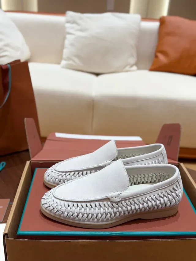 Beige Woven Leather Upper Moccasin-Stitched Vamp Loafer 4
