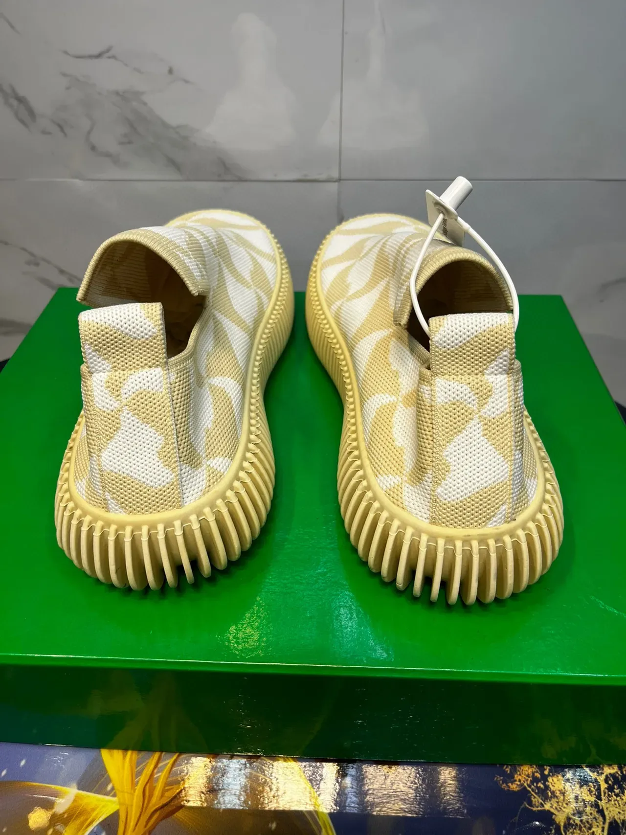 Beige Yellow Knit Slip-On Ribbed Rubber Sole Sneakers 2