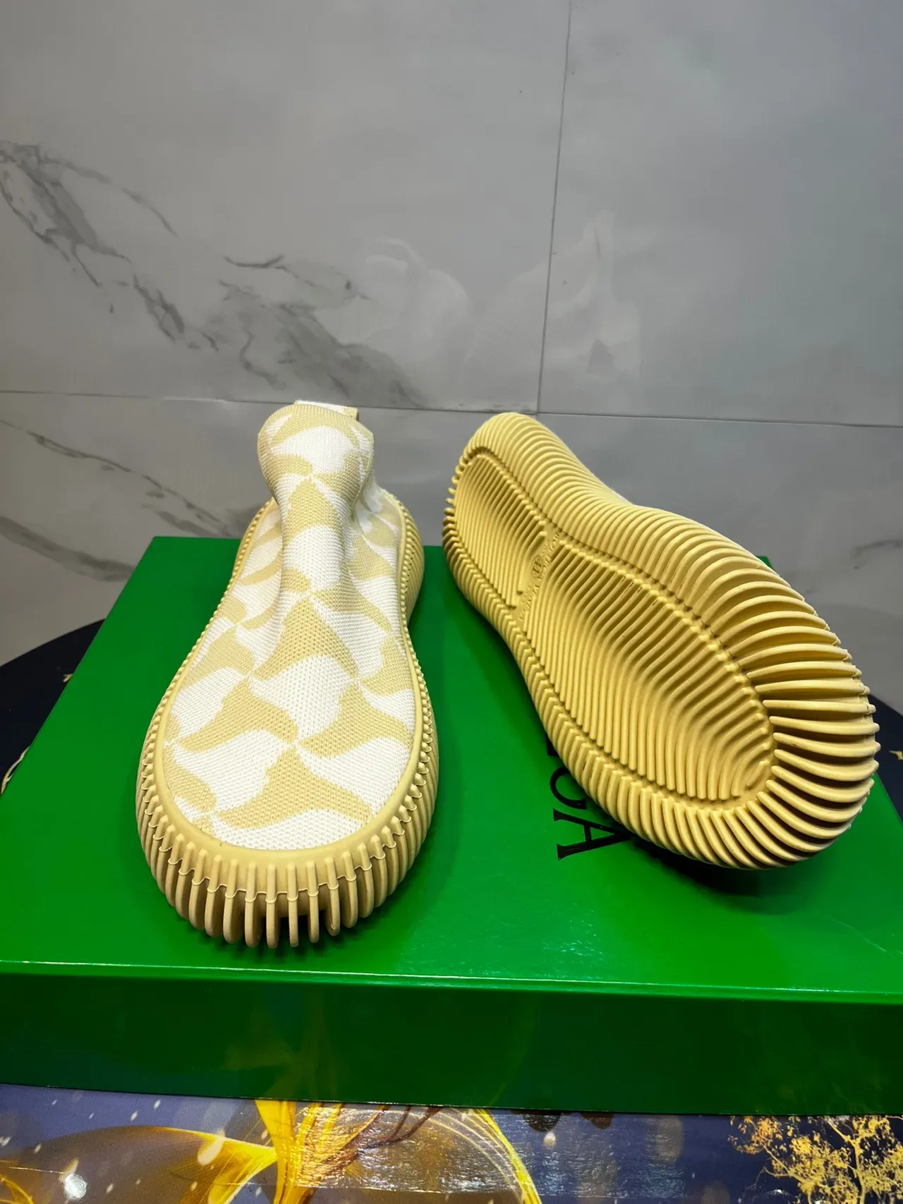 Beige Yellow Knit Slip-On Ribbed Rubber Sole Sneakers 3