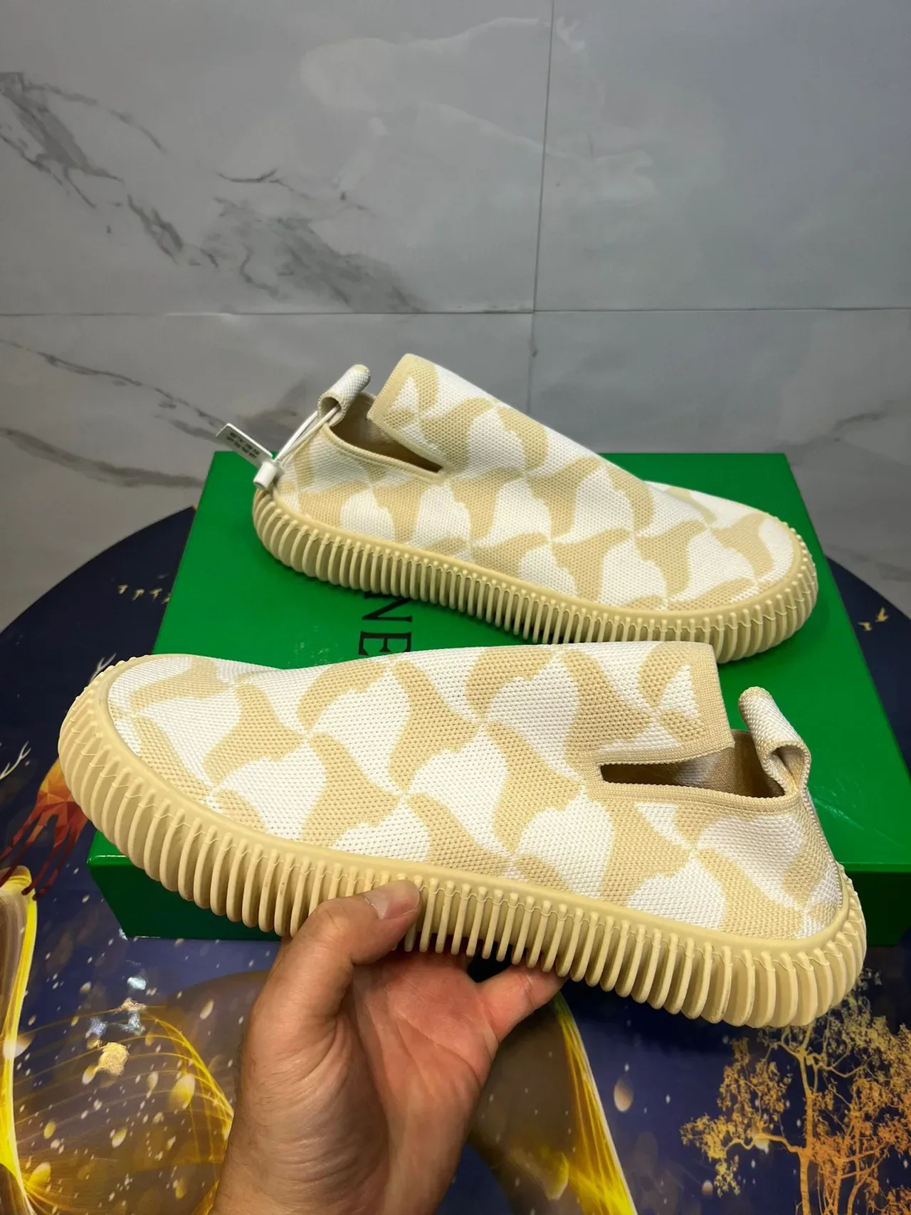 Beige Yellow Knit Slip-On Ribbed Rubber Sole Sneakers 5