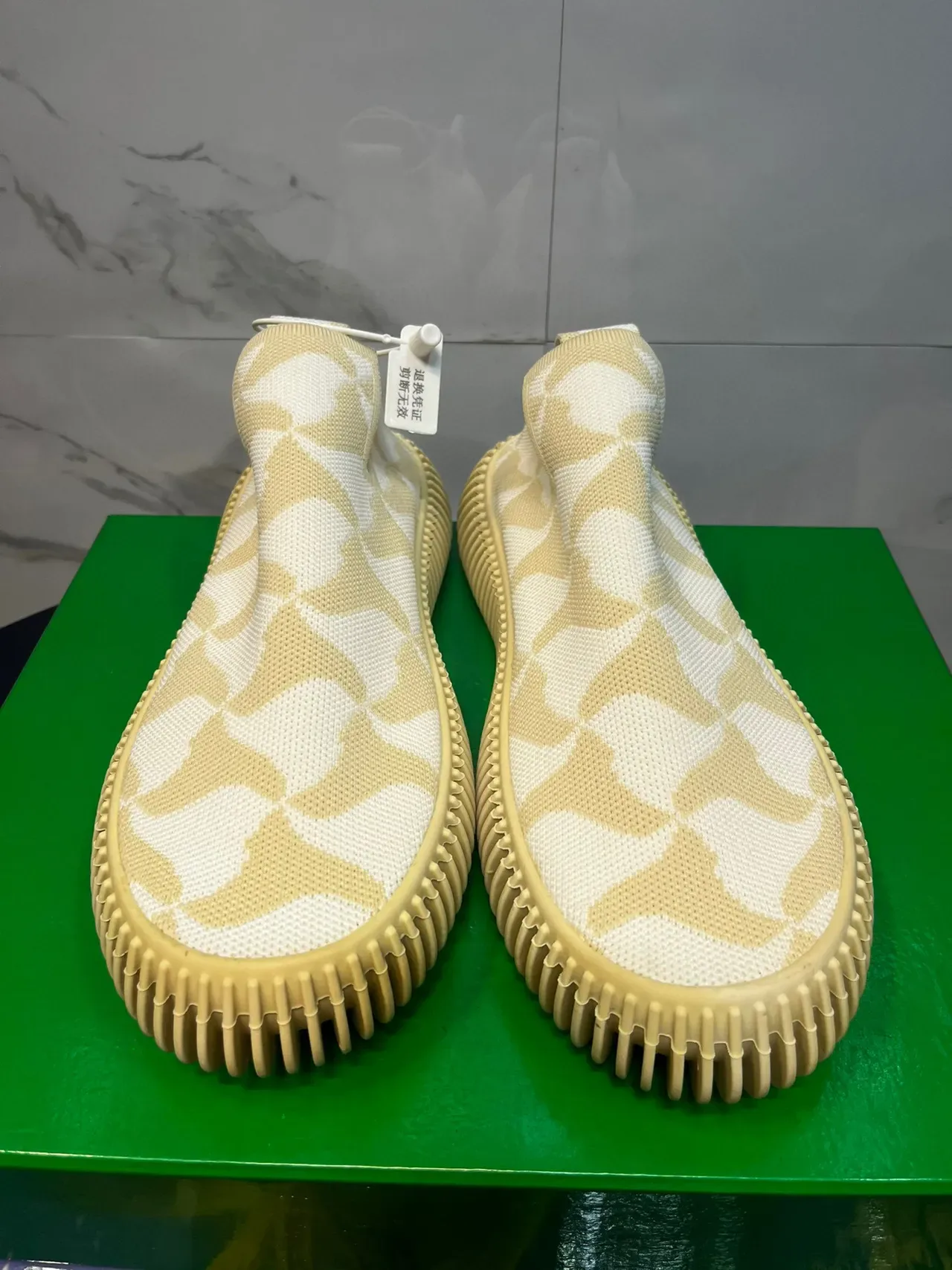 Beige Yellow Knit Slip-On Ribbed Rubber Sole Sneakers 6