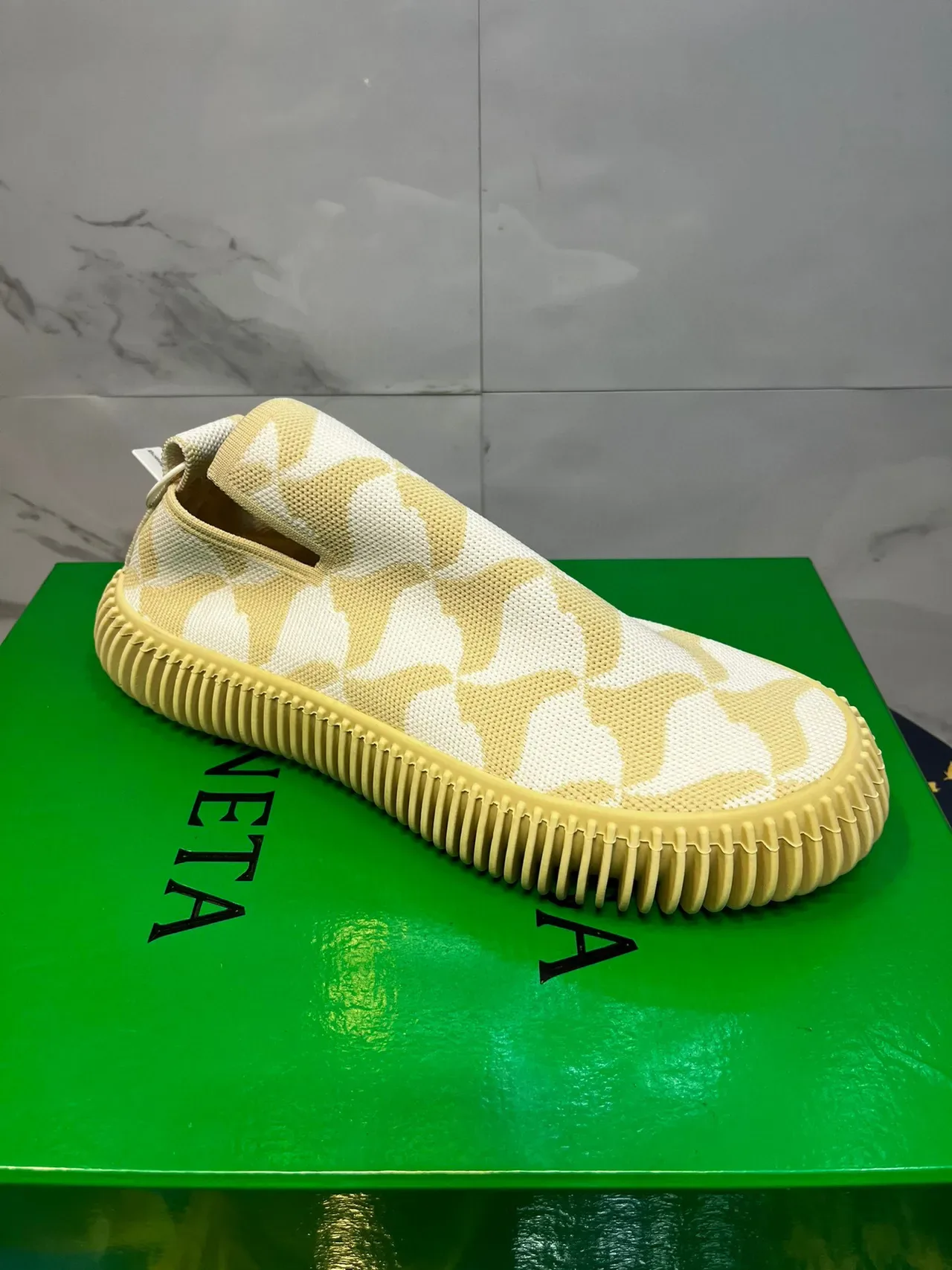 Beige Yellow Knit Slip-On Ribbed Rubber Sole Sneakers 8