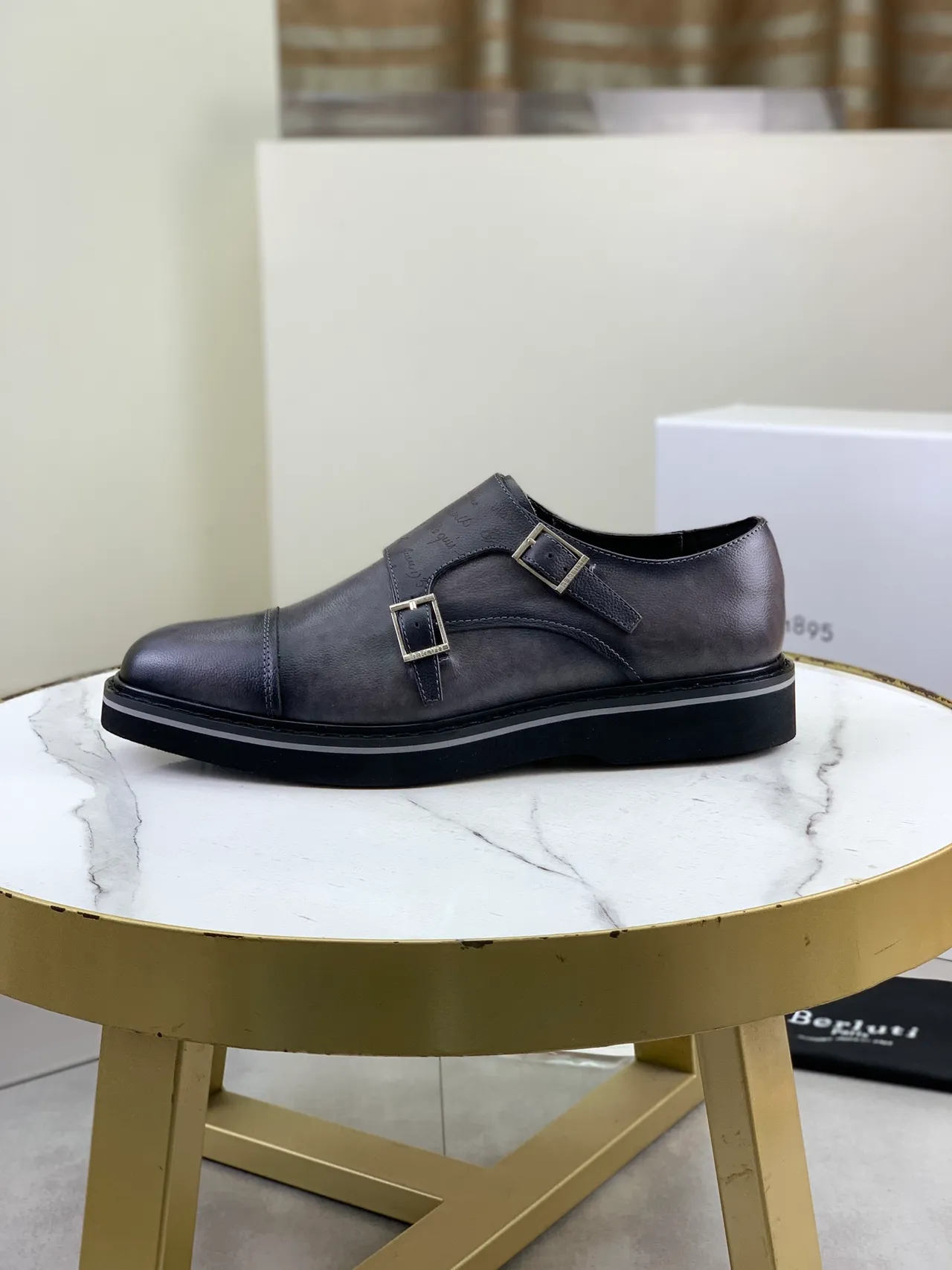 Berluti Double Monk Strap Black Silver Cap-Toe Monk Shoes 6