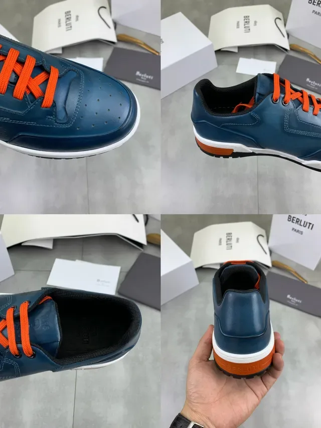 Berluti Navy Orange Leather Upper Perforated Toe Lifestyle Sneakers 3