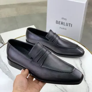 BERLUTI Penny Loafer Square Toe Black Leather Loafers