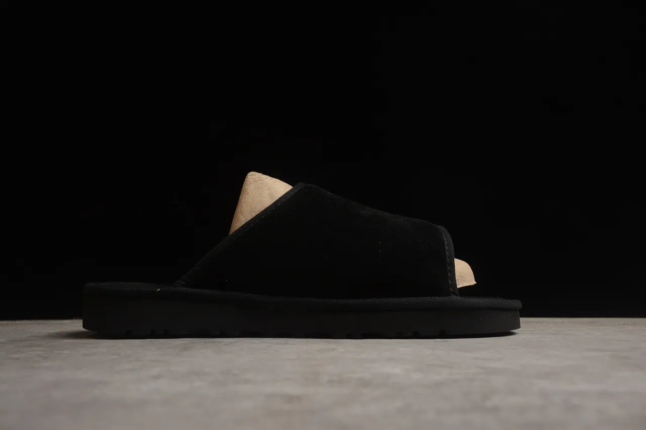 Black Beige Suede-Like Upper Tan Footbed Slippers 12