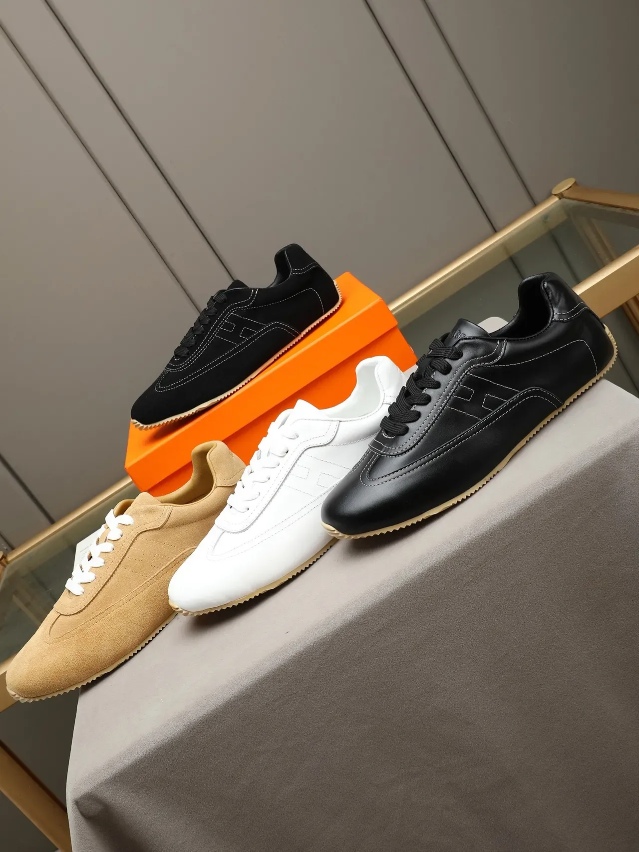 Black Beige Suede Upper White Contrast Stitching Sneakers 2