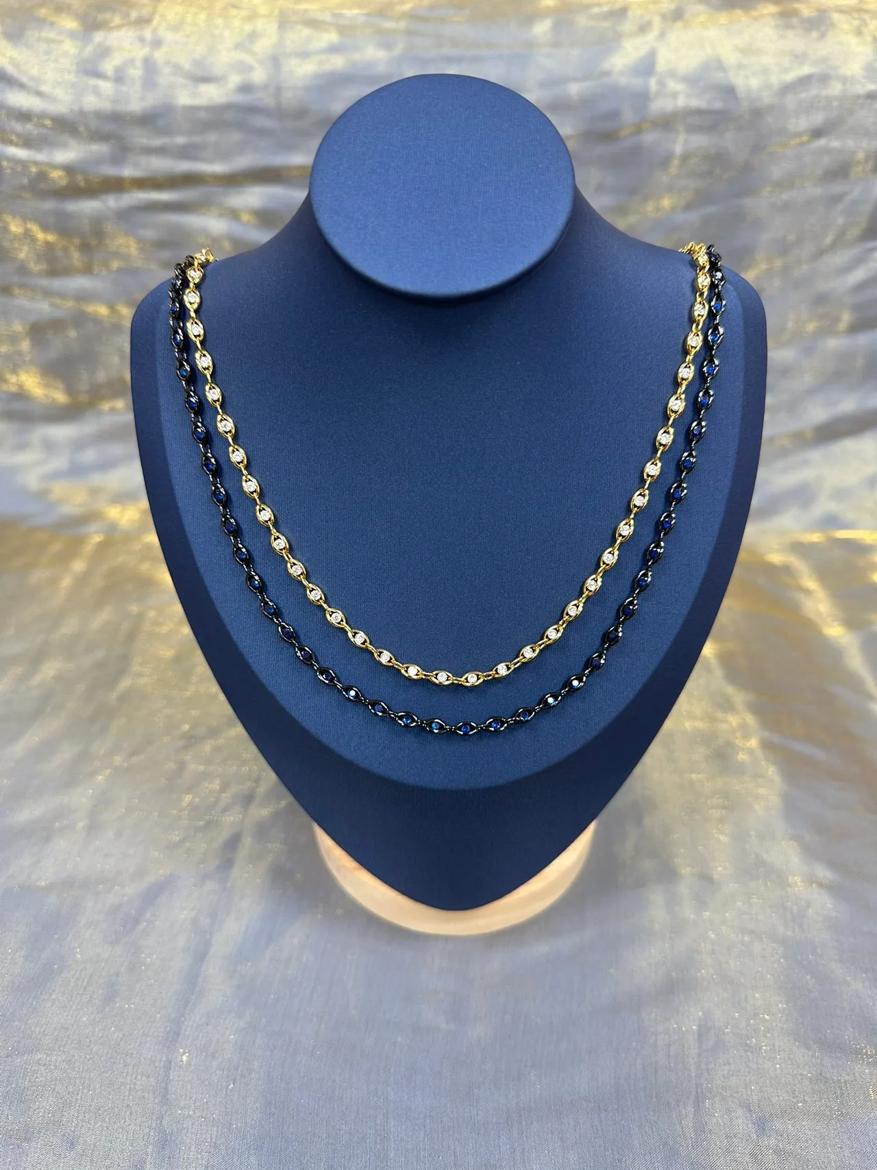 Black Blue Linked Oval-Link Chain Faceted Stone Accents Necklace 8