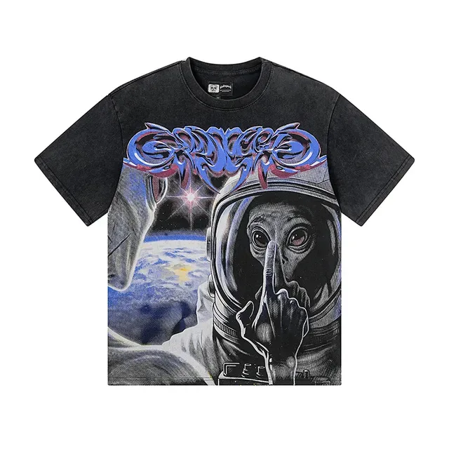 Black Blue Oversized Fit Acid-Wash Distressed T-Shirt 2