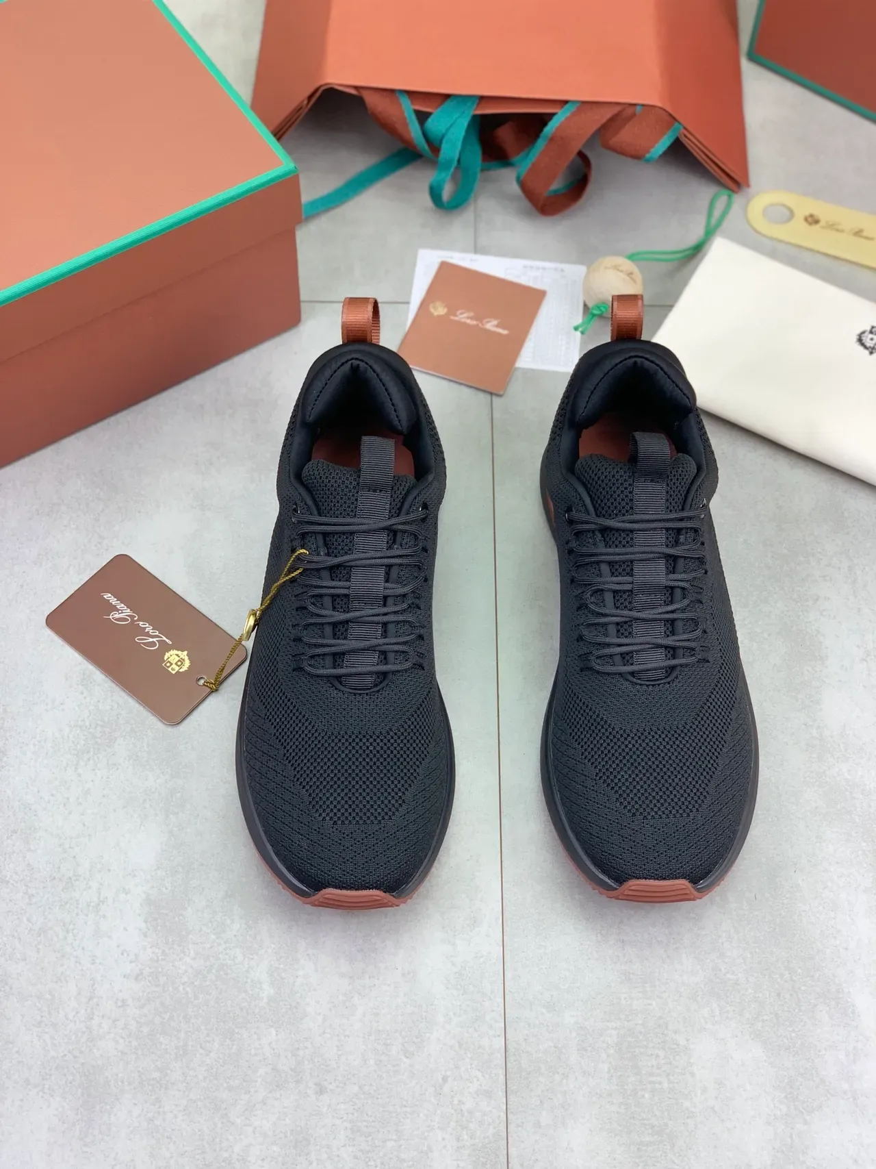 Black Brown Knit Upper Terracotta Sole Accent Sneakers 4