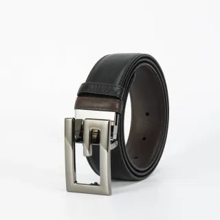 Black Brown Reversible Two-Tone Polished Rectangular Buckle Leather Belt
