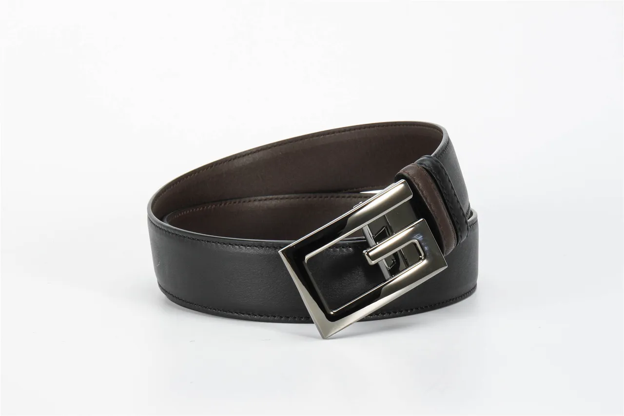 Black Brown Reversible Two-Tone Polished Rectangular Buckle Leather Belt 4