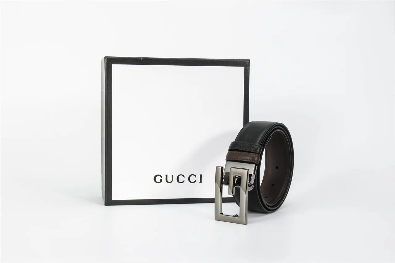 Black Brown Reversible Two-Tone Polished Rectangular Buckle Leather Belt 6