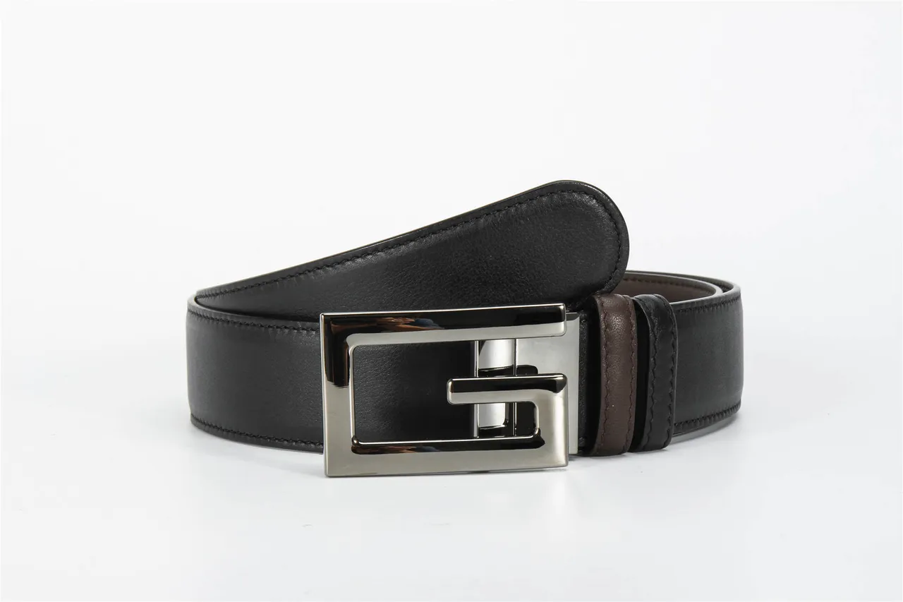 Black Brown Reversible Two-Tone Polished Rectangular Buckle Leather Belt 7