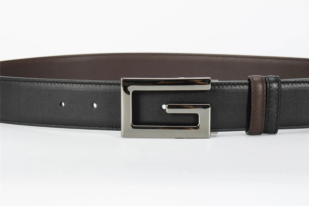 Black Brown Reversible Two-Tone Polished Rectangular Buckle Leather Belt 9