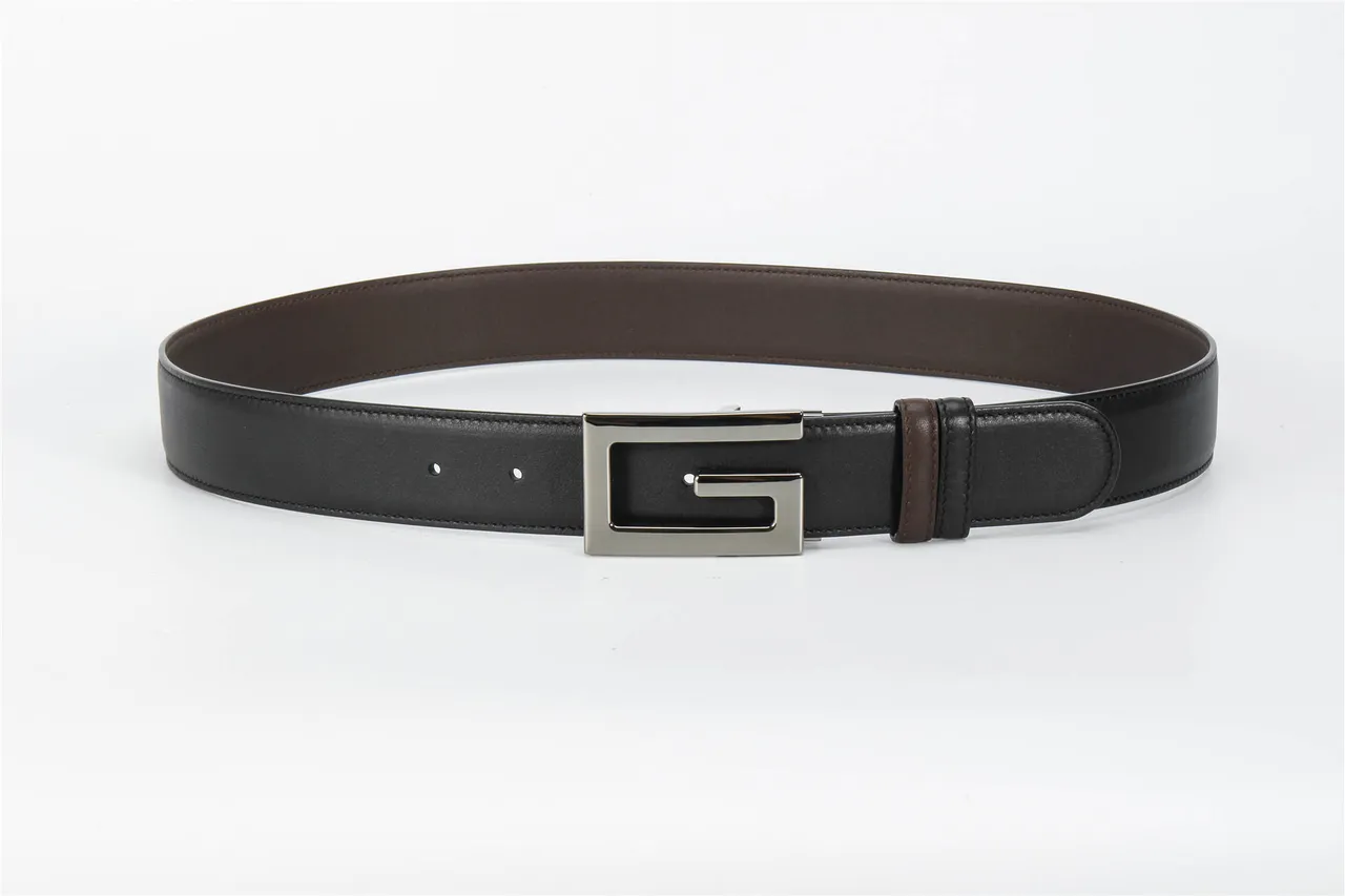 Black Brown Reversible Two-Tone Polished Rectangular Buckle Leather Belt 10