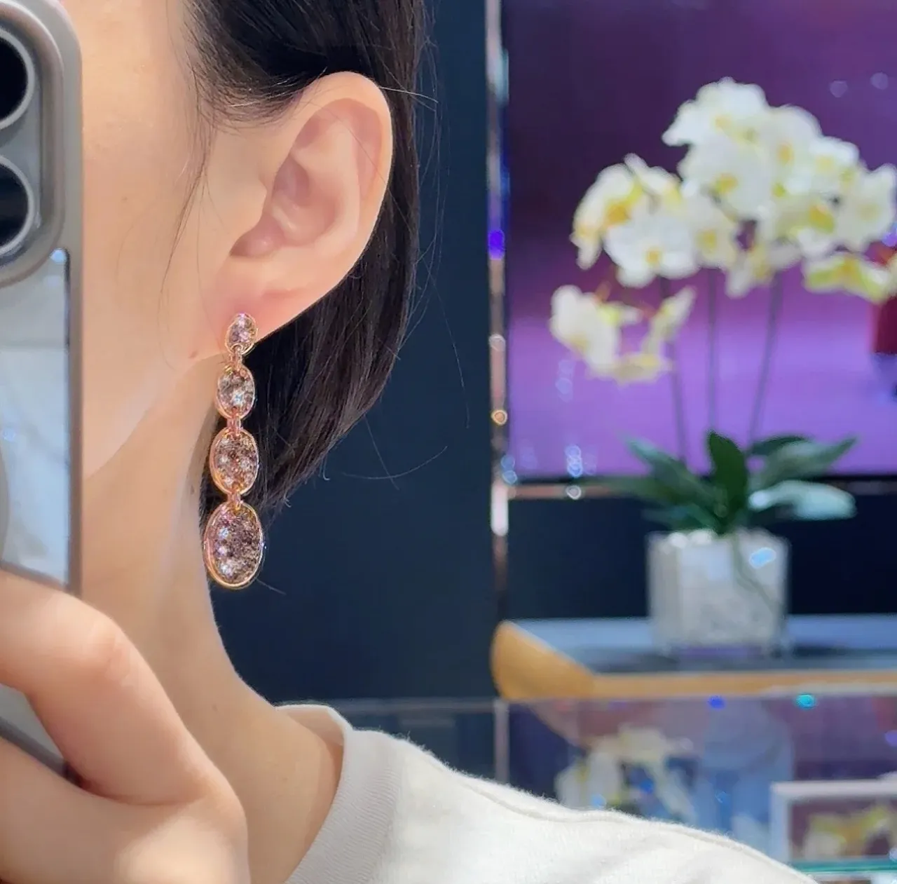 Black Druzy Multi-Tier Oval Drop Earrings 3