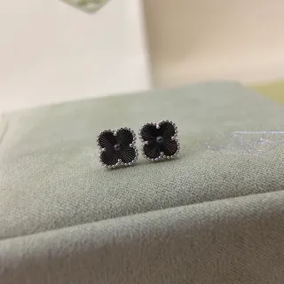Black Enamel Clover Motif Stud Earrings