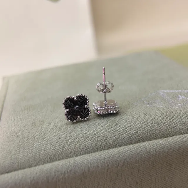 Black Enamel Clover Motif Stud Earrings 3