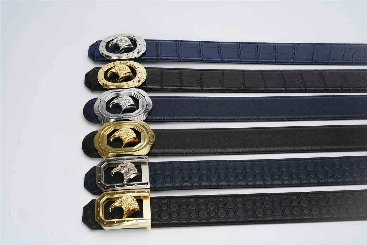 Black Gold Eagle-Head Buckle Layered Octagonal Frame Leather Belt 2