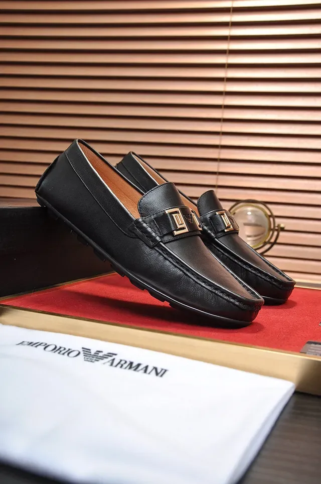 Black Gold Leather Metal Buckle Strap Loafer 7