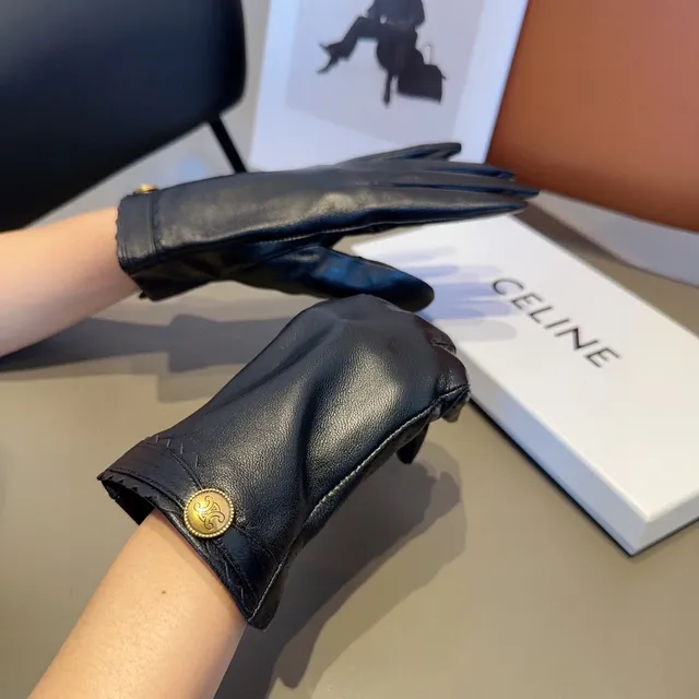 Guantes de cuero negro con puños dorados con borde ondulado 4