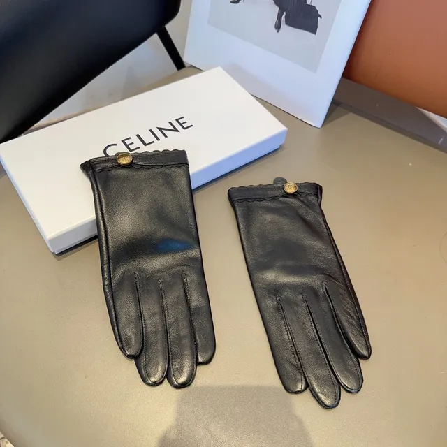 Guantes de cuero negro con puños dorados con borde ondulado 5