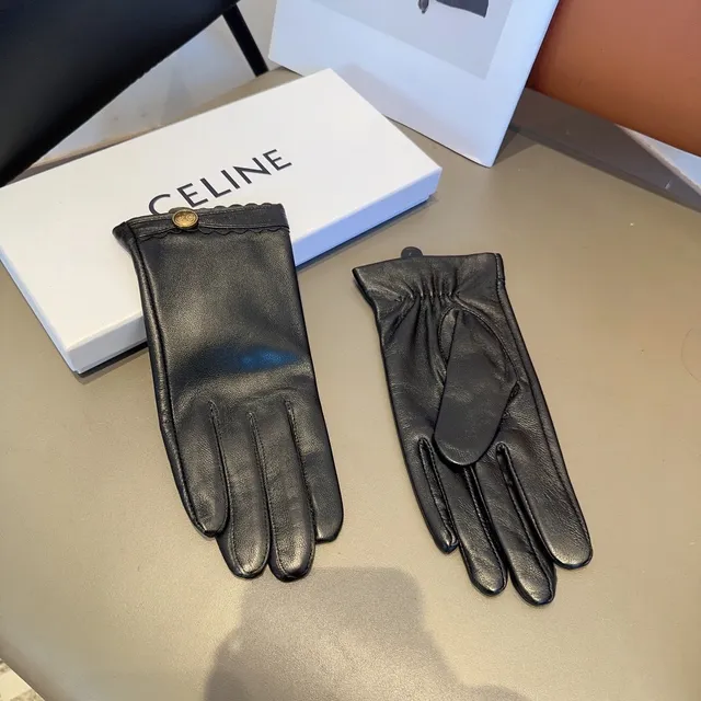 Guantes de cuero negro con puños dorados con borde ondulado 6