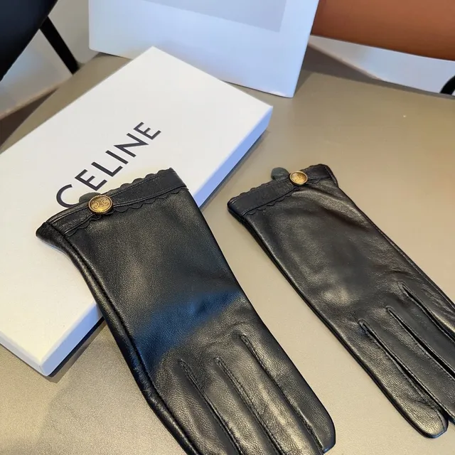 Guantes de cuero negro con puños dorados con borde ondulado 7