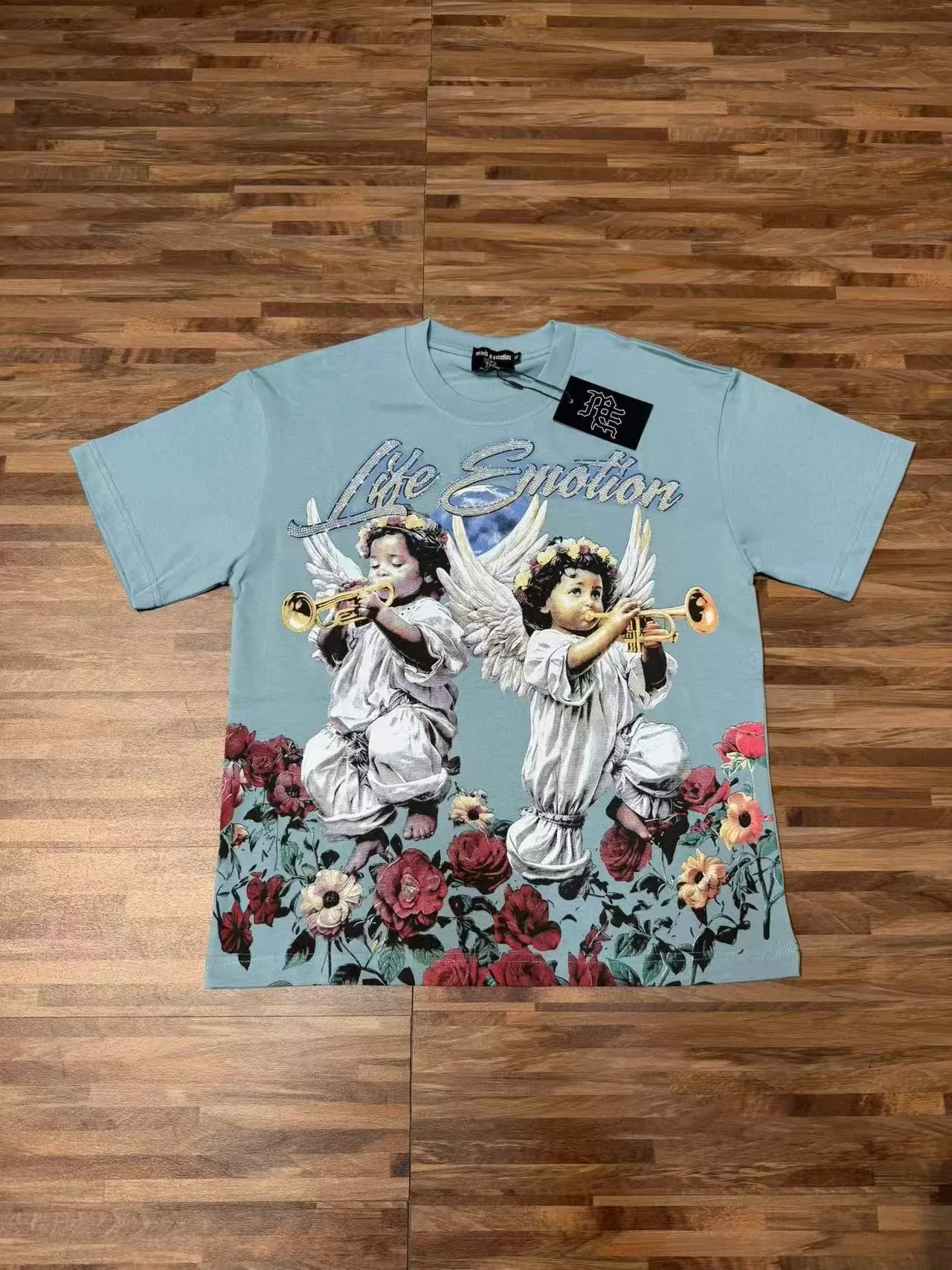 Black Graphic-Print Angel Motif T-Shirt 4