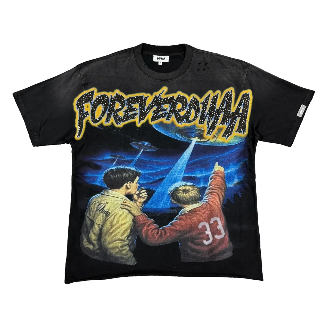 Black Graphic-Print UFO Illustration T-Shirt 9