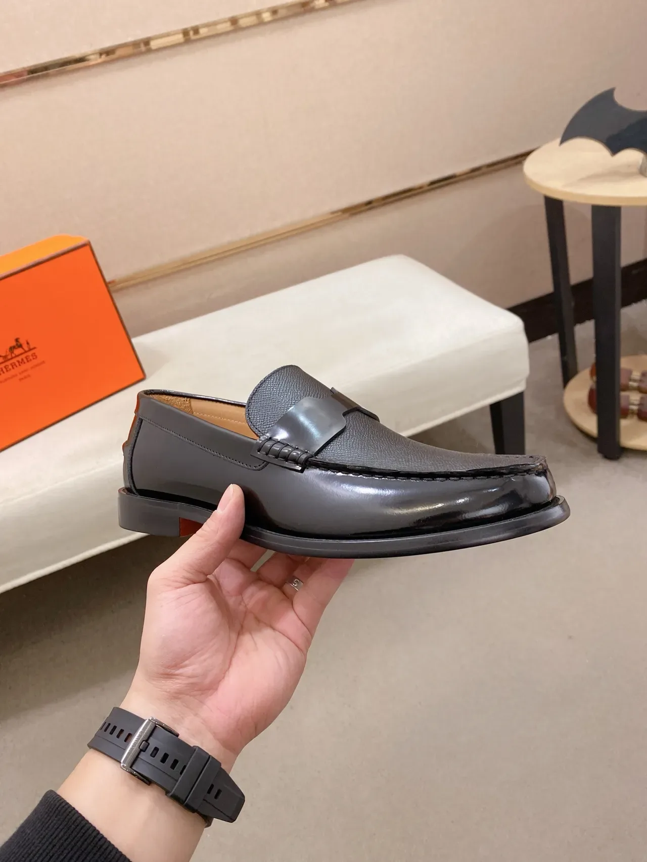 Black Gray Patent And Textured Leather Moc-Toe Construction Loafer 4