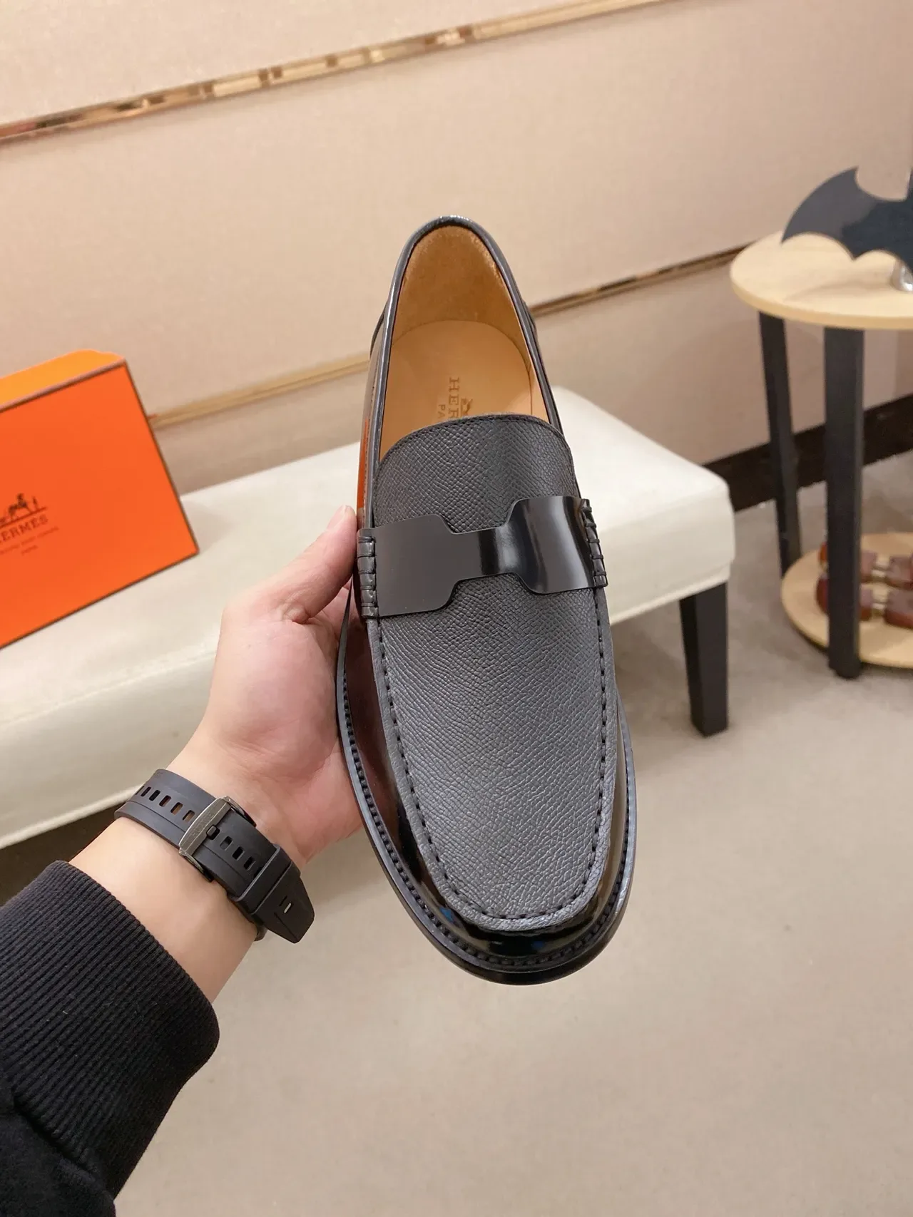 Black Gray Patent And Textured Leather Moc-Toe Construction Loafer 5