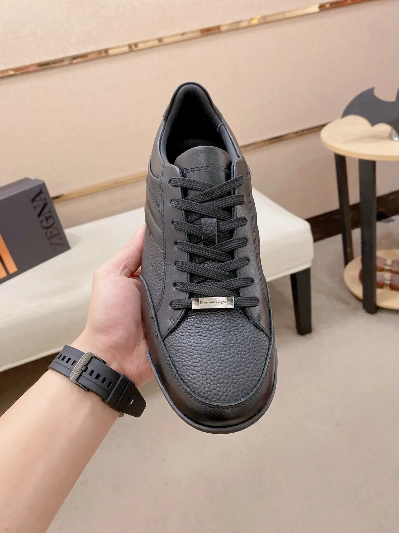 Black Leather-Paneled Low-Top Sneaker 6