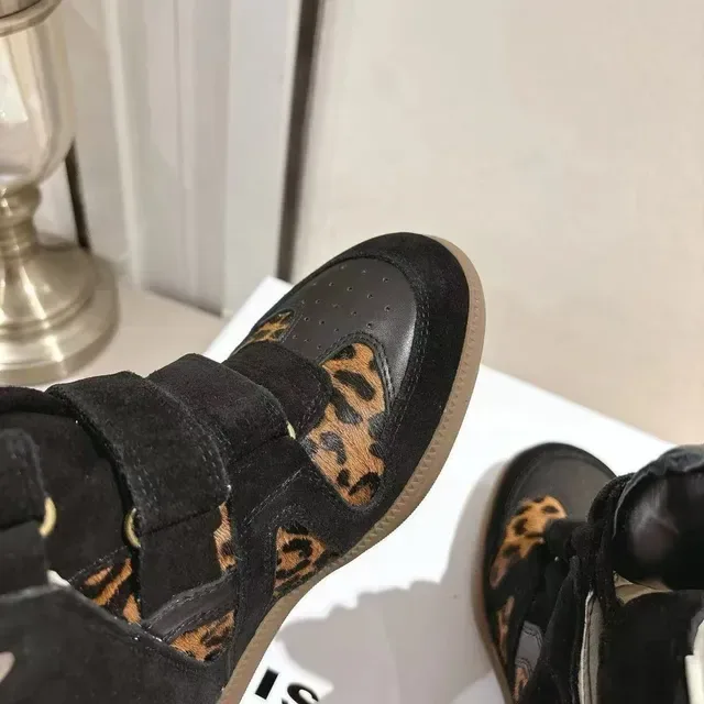Black Leopard-Print Cutout High-Top Wedge Lifestyle Sneakers 2