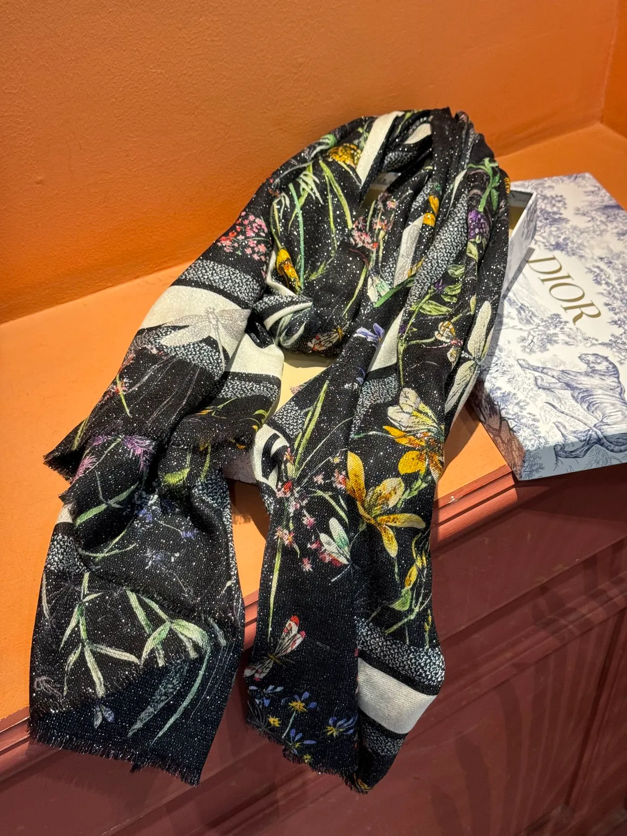 Black Multicolor Floral And Dragonfly Botanical Print Contrasting White Striped Borders Shawl 8