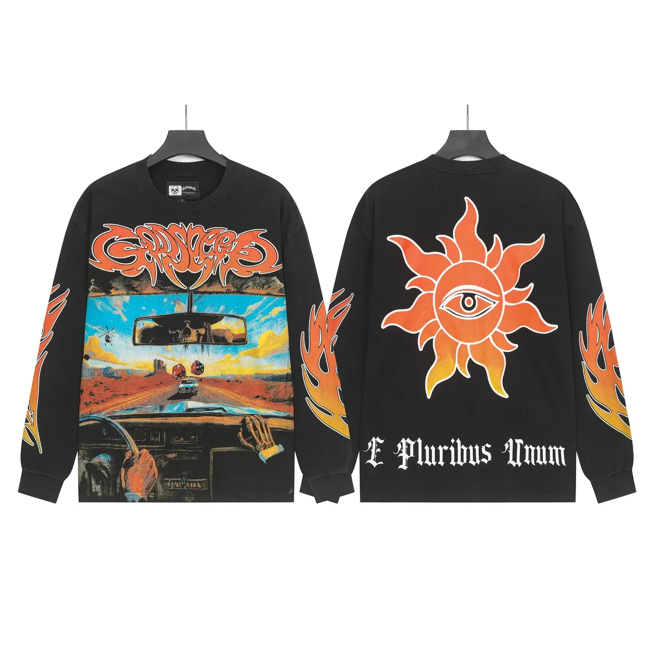 Black Orange Graphic Print Long-Sleeve Crewneck T-Shirt 2