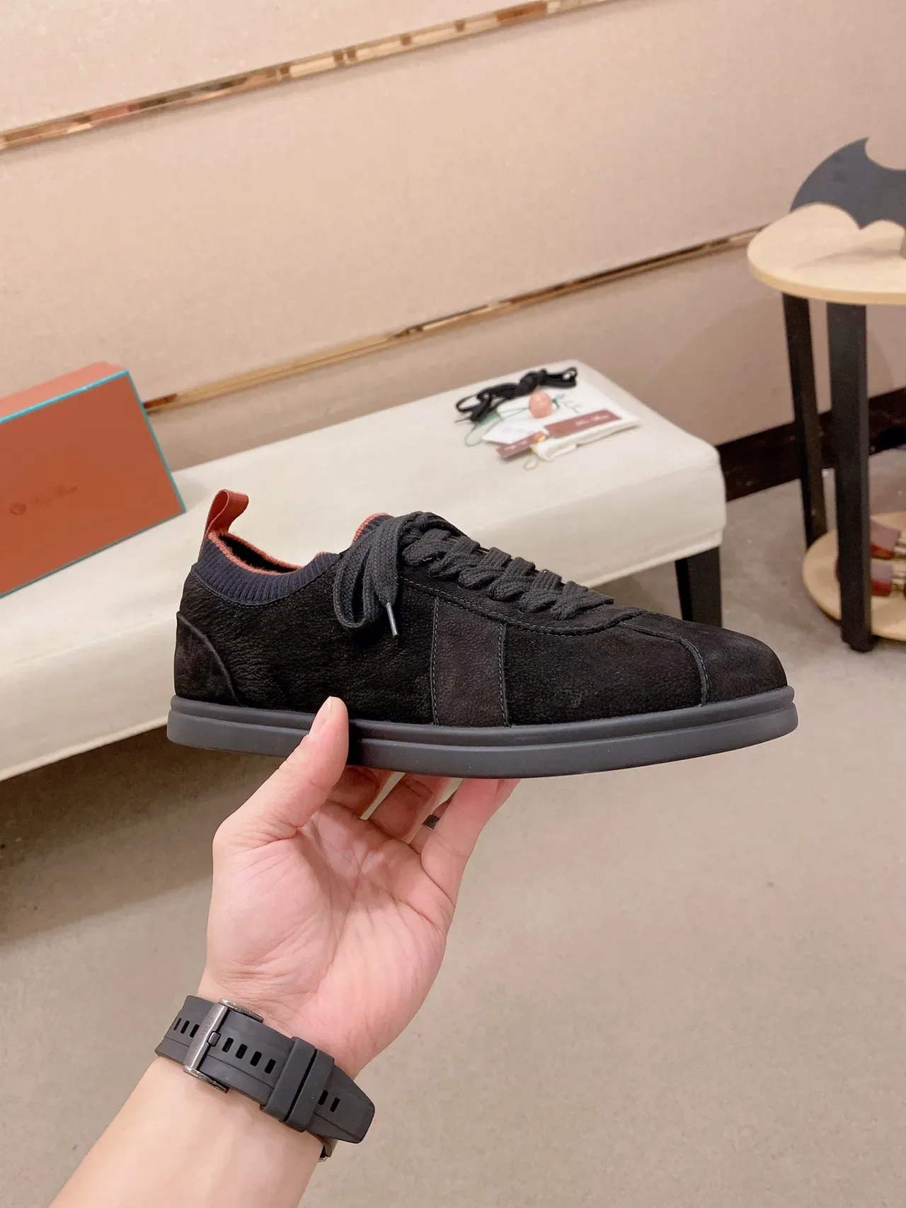 Black Orange Suede Upper Sock-Fit Knit Collar Sneakers 6