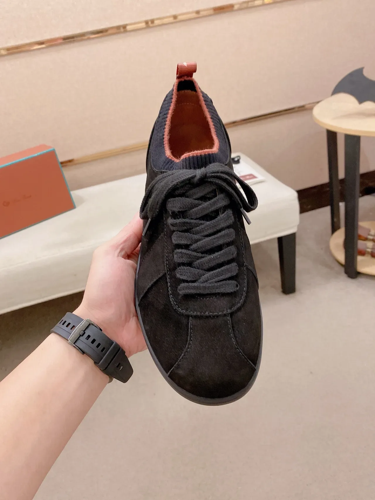 Black Orange Suede Upper Sock-Fit Knit Collar Sneakers 7