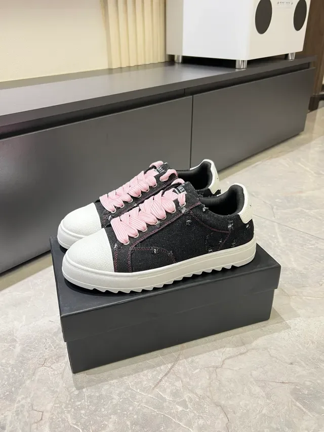 Black Pink Denim Upper Distressed Sneakers 5