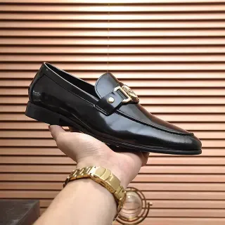 Black Polished Leather Horsebit Buckle Loafer