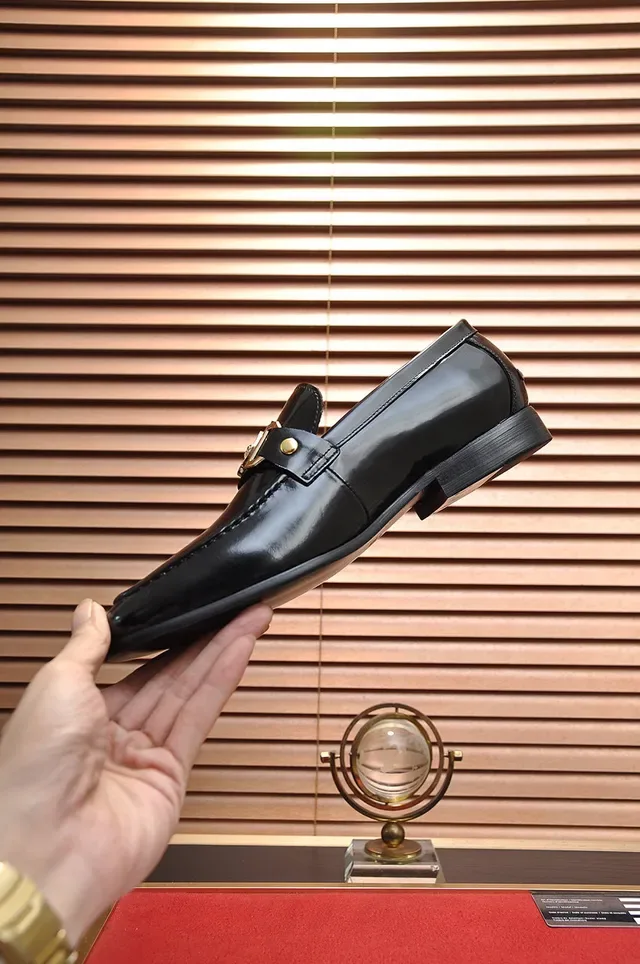 Black Polished Leather Horsebit Buckle Loafer 6
