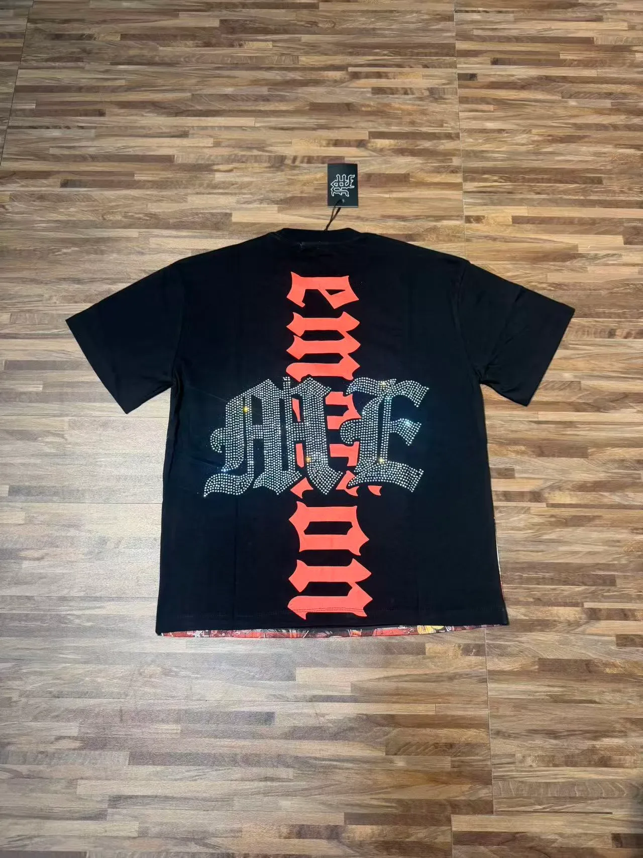 Black Rhinestone-Embellished Graphic Print Oversized T-Shirt 3