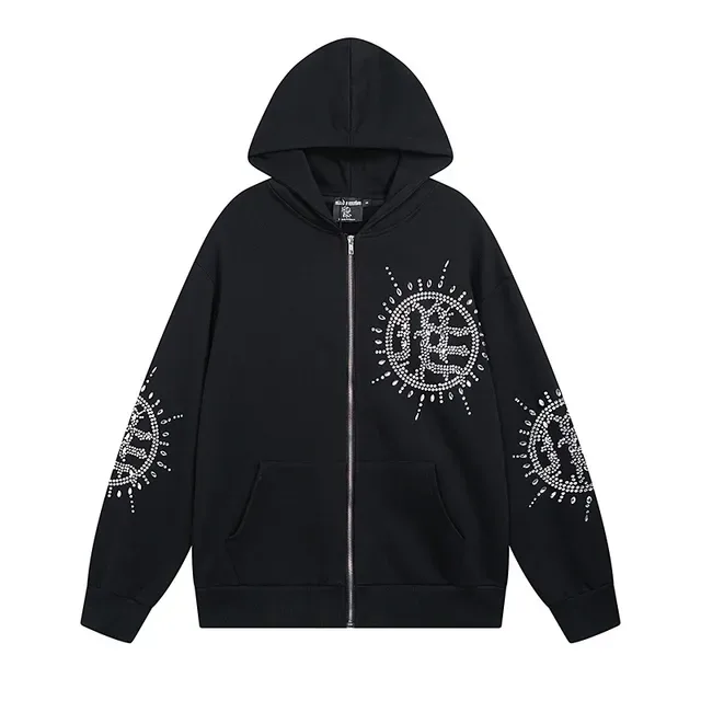Black Rhinestone Graphic Full-Zip Oversized Hoodie 2