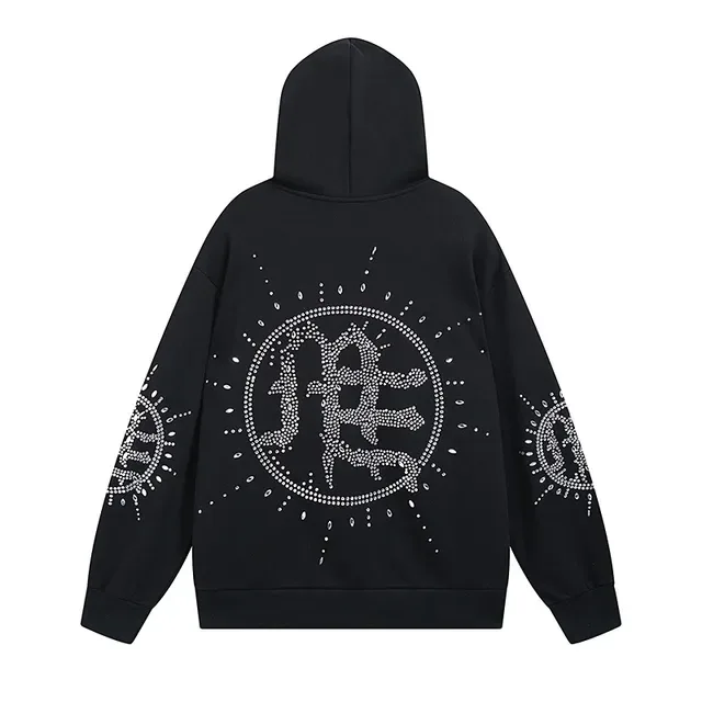Black Rhinestone Graphic Full-Zip Oversized Hoodie 3