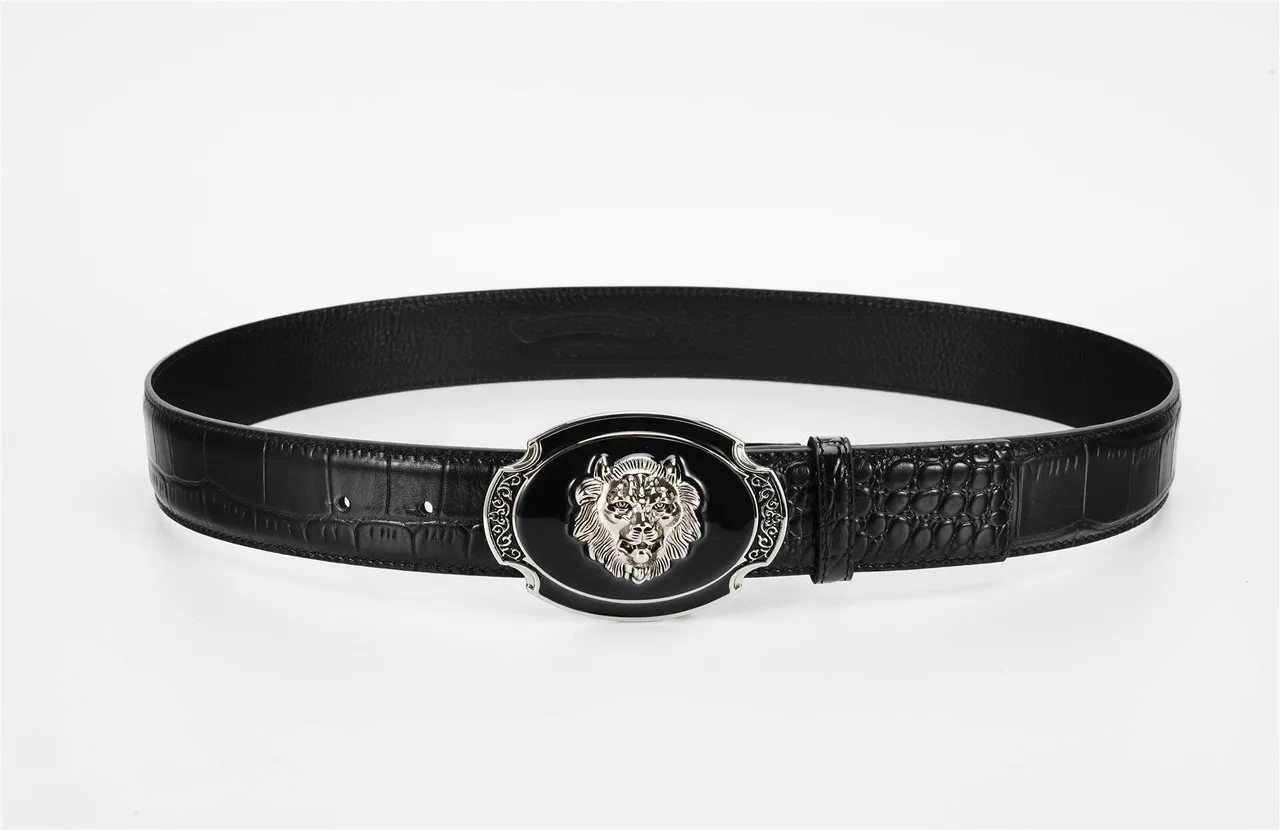 Black Silver Crocodile-Embossed Lion-Head Medallion Buckle Leather Belt 2