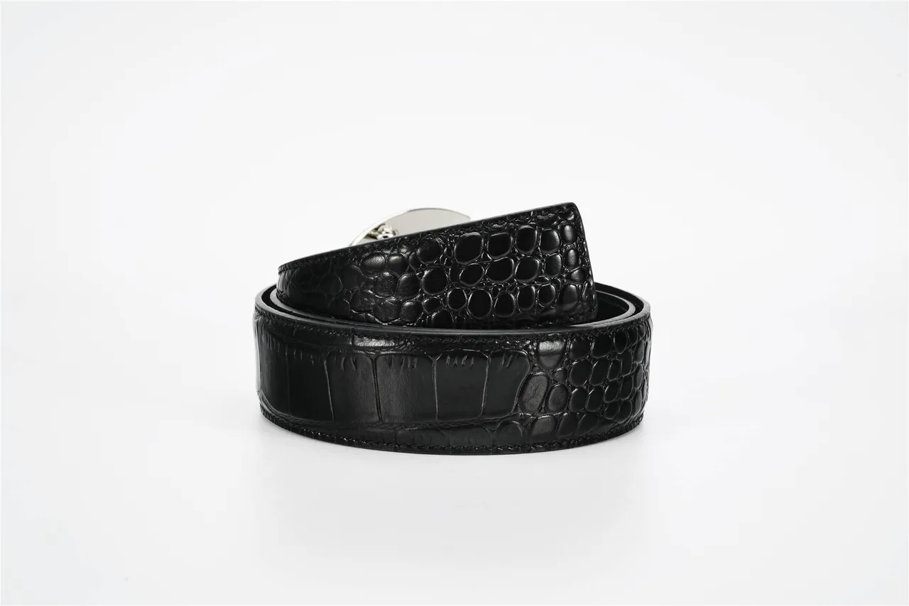 Black Silver Crocodile-Embossed Lion-Head Medallion Buckle Leather Belt 4