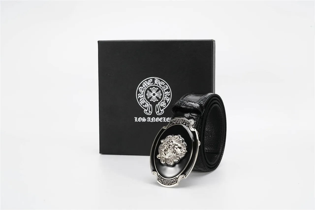 Black Silver Crocodile-Embossed Lion-Head Medallion Buckle Leather Belt 6