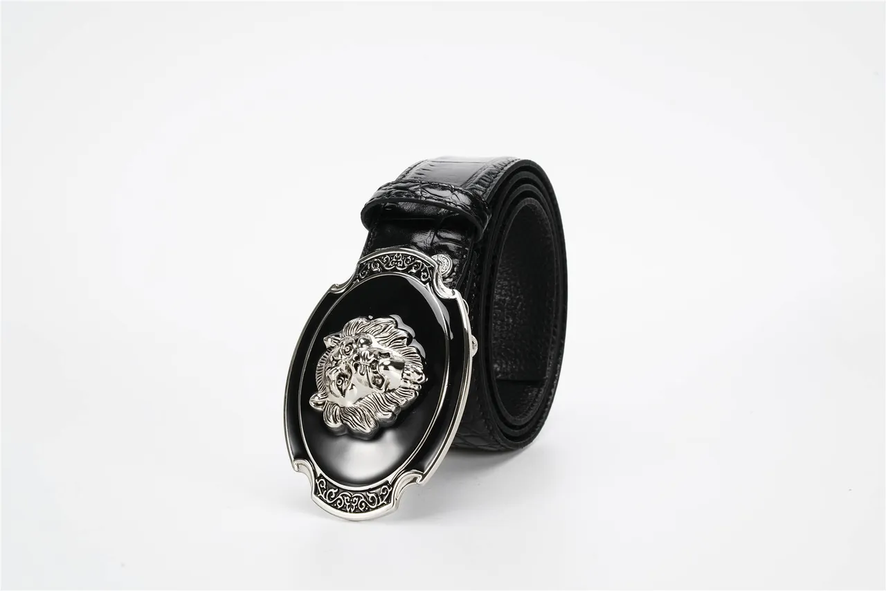 Black Silver Crocodile-Embossed Lion-Head Medallion Buckle Leather Belt 7