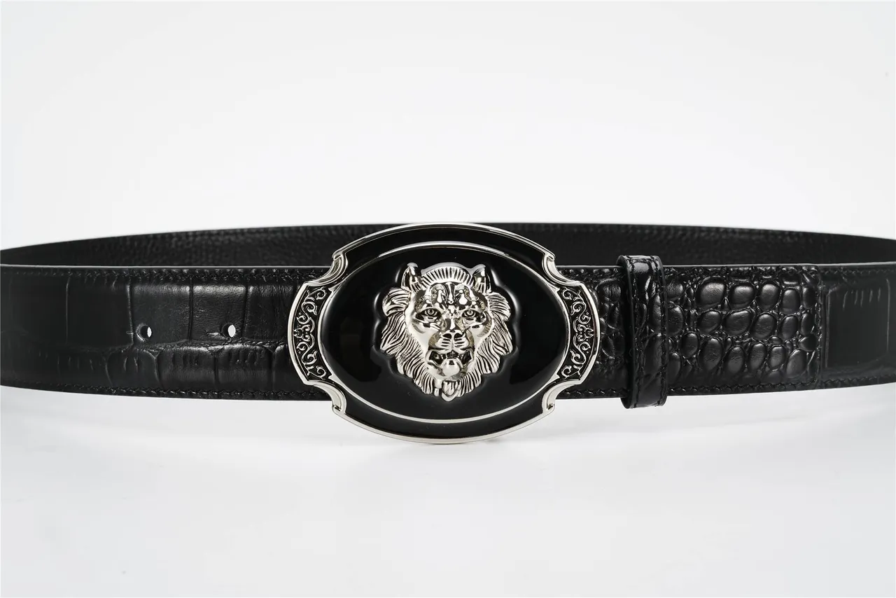 Black Silver Crocodile-Embossed Lion-Head Medallion Buckle Leather Belt 9